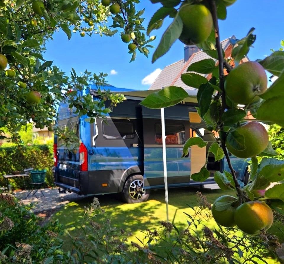 Kastenwagen mit Vorzelt unter Apfelbäumen im Obstgarten